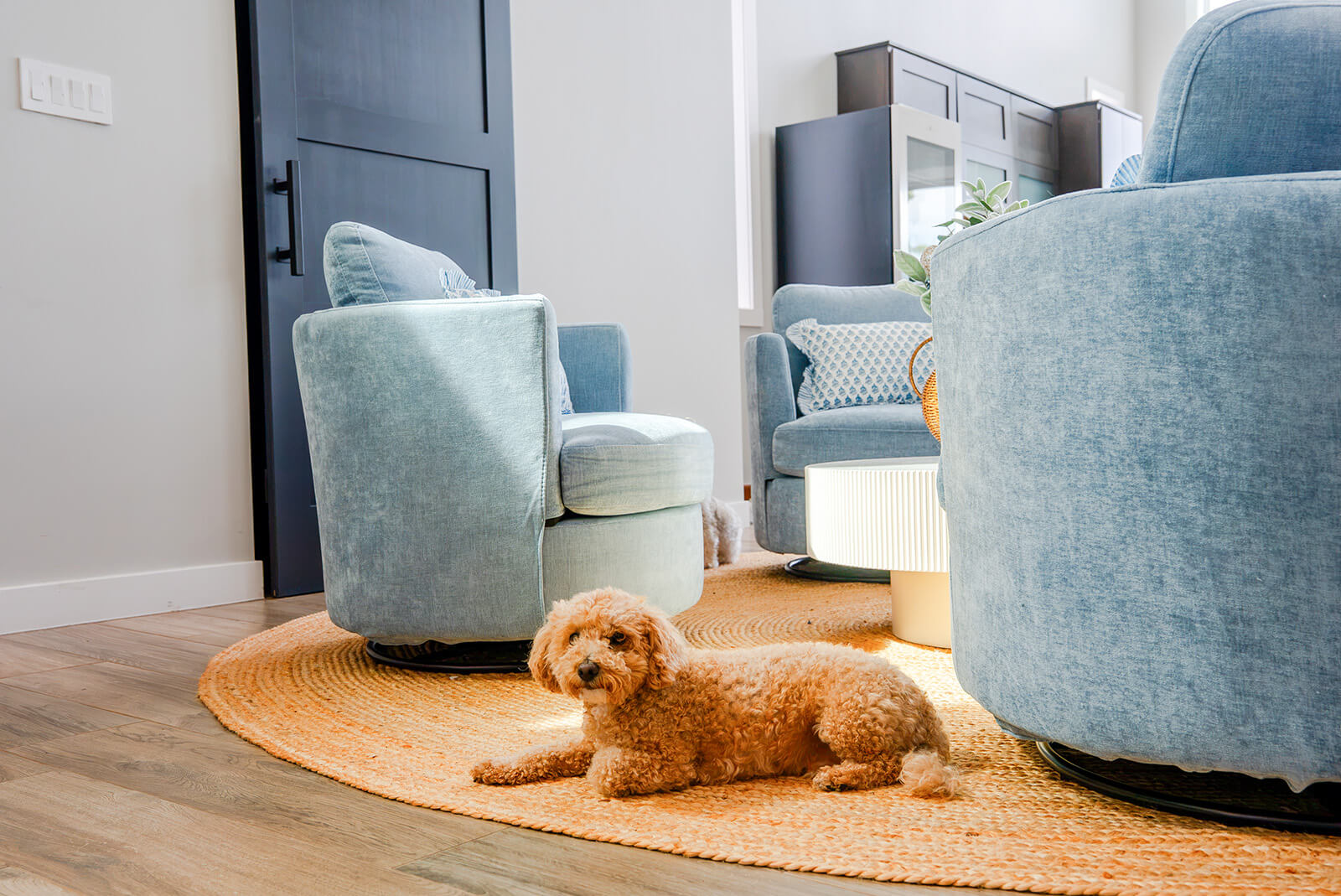 Okoboji-Lake-House-14 Chic sitting area with blue accent chairs, neutral textiles, and sophisticated interior design