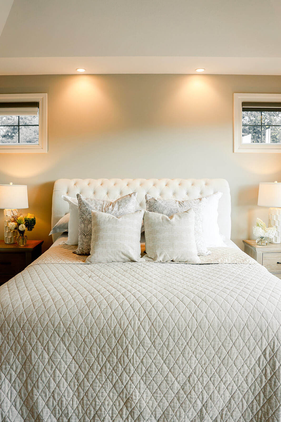 taylor-jane-project-6 Serene bedroom with crisp white bedding, soft neutral textiles, and warm ambient lighting