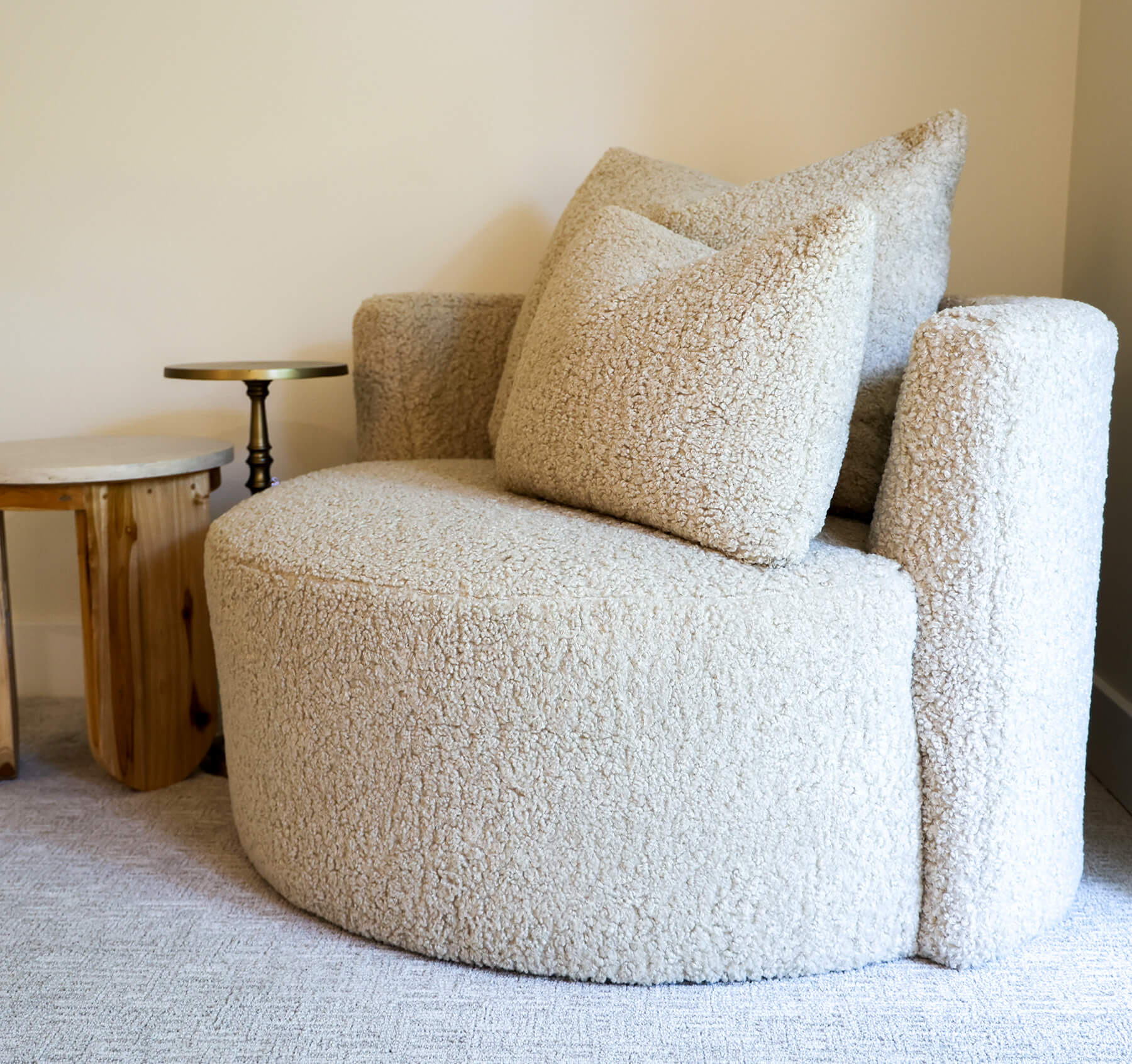 the-fairway-project-10 Contemporary, inviting round accent chair with textured white upholstery