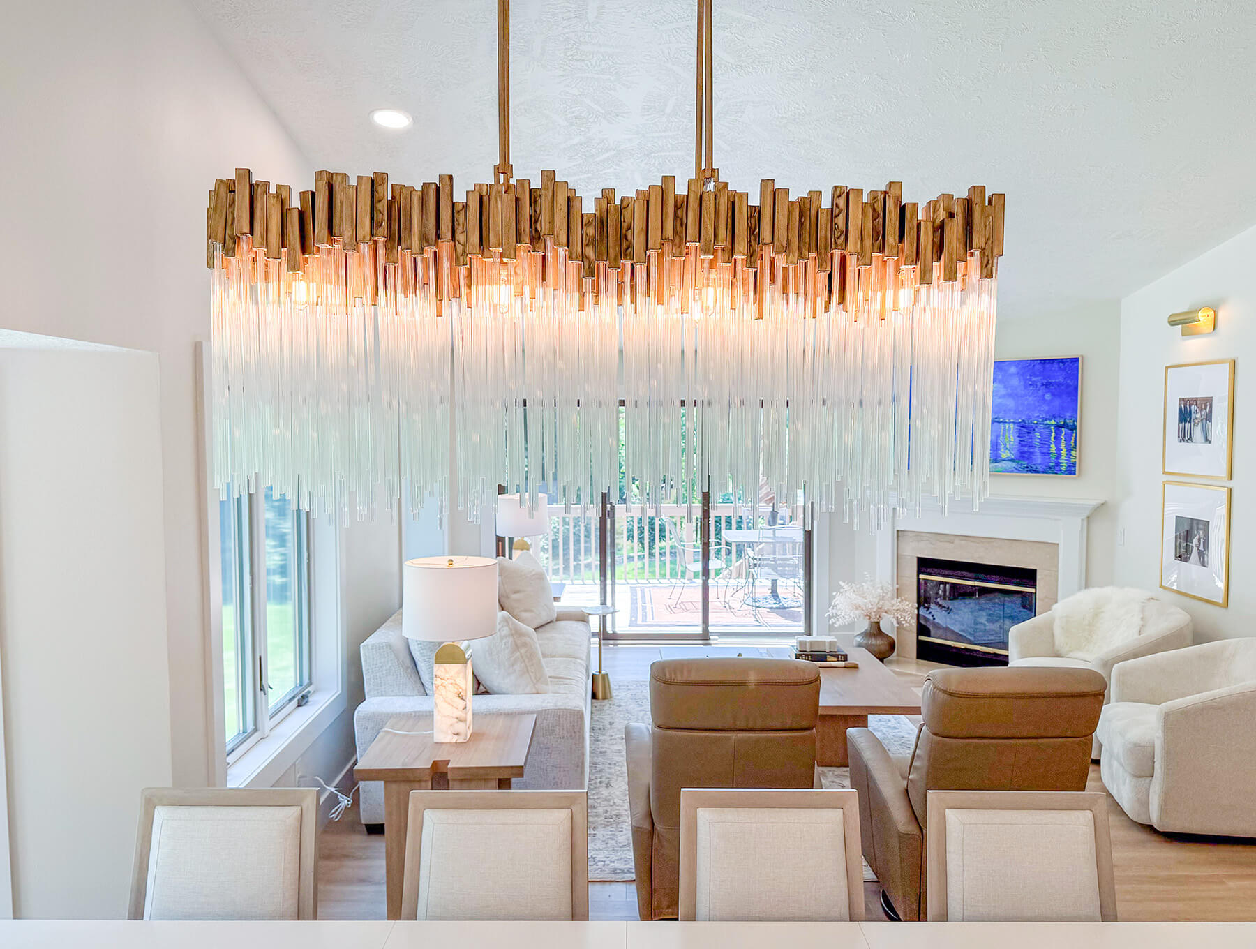 the-fairway-project-22 Large statement light fixture with gold hardware and cascading glass rods