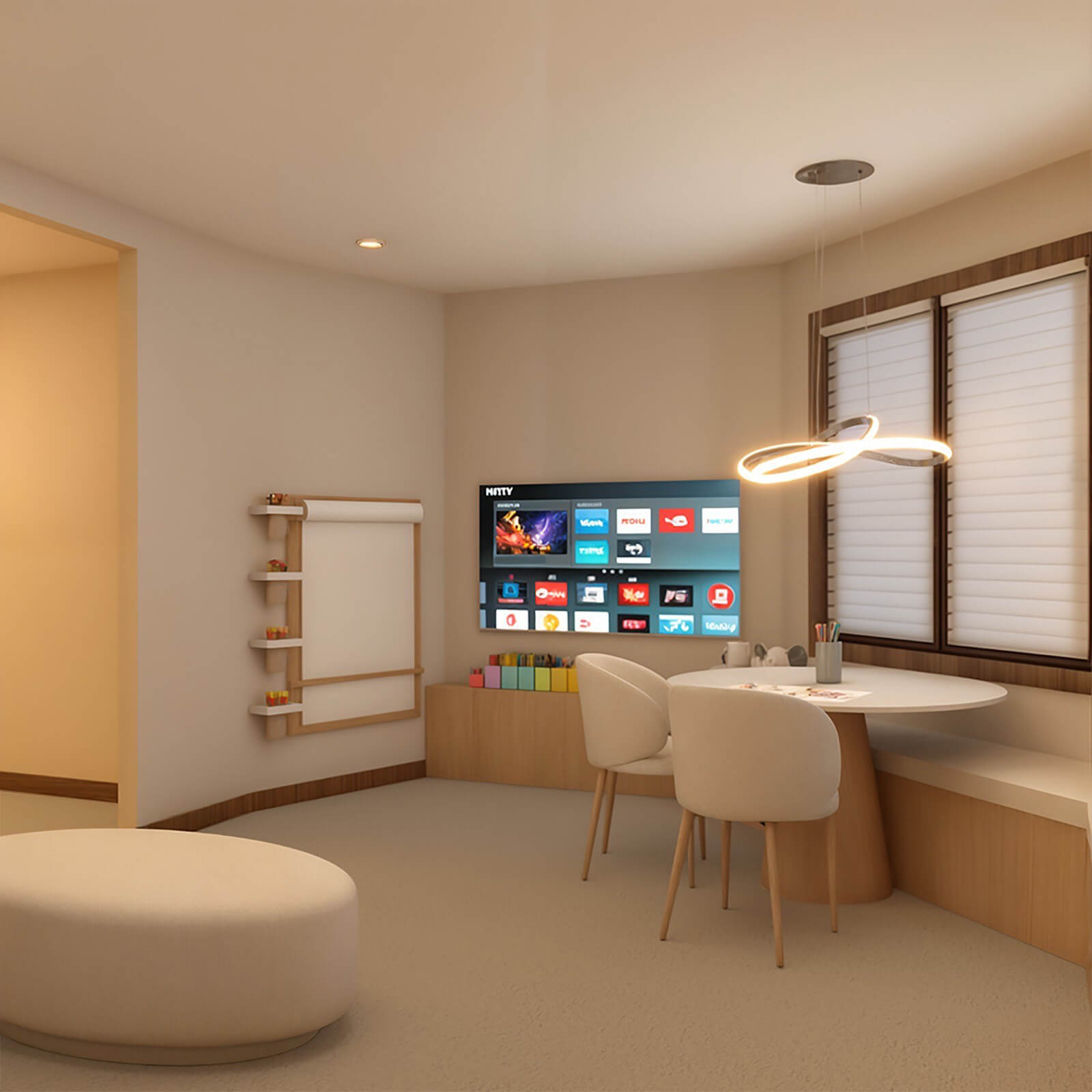 the-little-library-project-1 Media nook with wall-mounted TV, art easel, and window-side dining table.