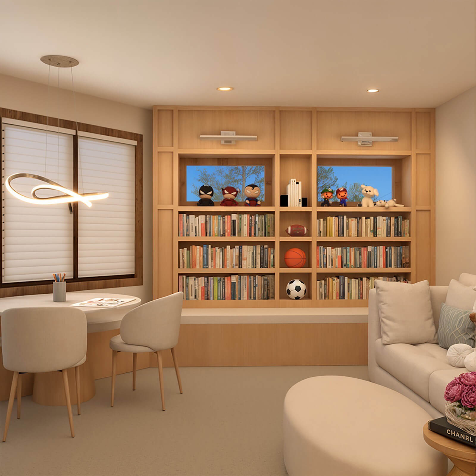the-little-library-project-2 Light wood built-in shelves with books and toys beside a window seat and kids' table.