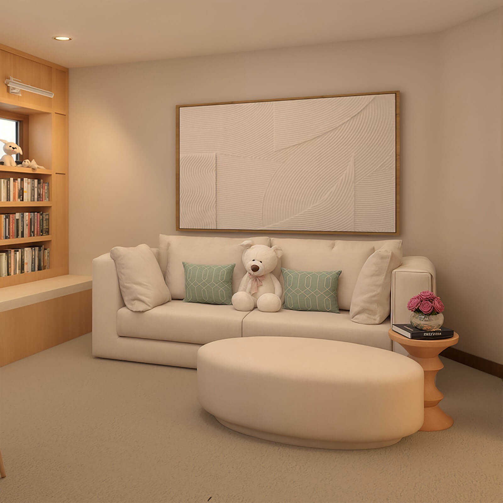 the-little-library-project-3 Neutral family room with cream sectional, sage pillows, and a teddy bear on the couch.