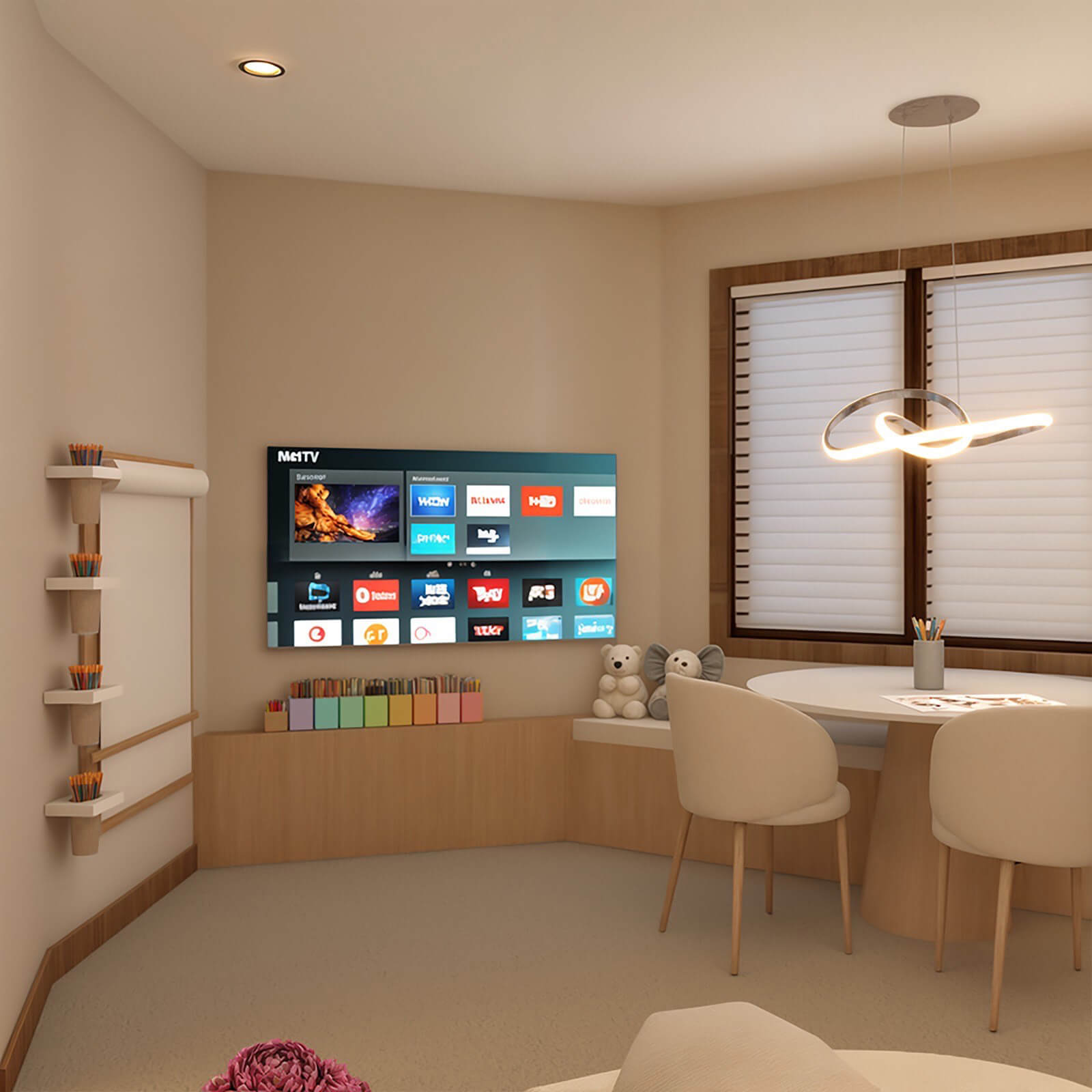 the-little-library-project-4 Modern kids playroom with a wall-mounted TV, round white table, and interlocking light.