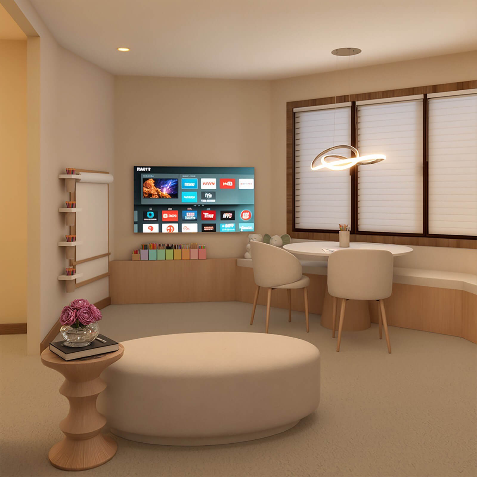 the-little-library-project-6 Family room corner with wall-mounted TV, floating art easel, and round dining table by a bay window.