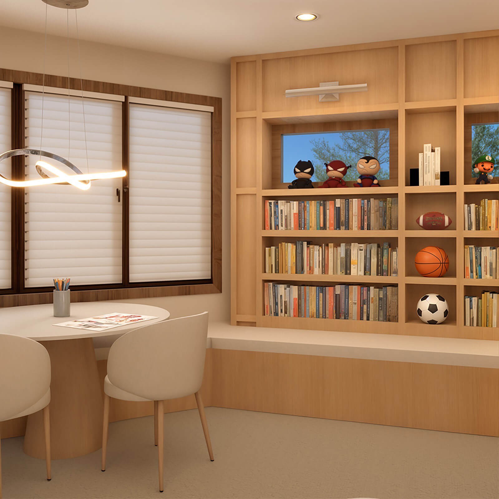the-little-library-project-7 Custom wood built-in bookcase with a reading bench next to a modern round dining table.