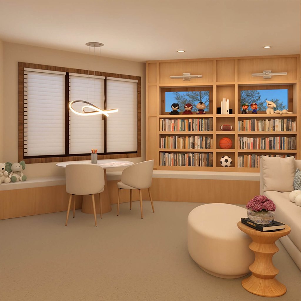 the-little-library-project-8 Light wood built-in shelving with books and toys beside a window seat and round kids' table.