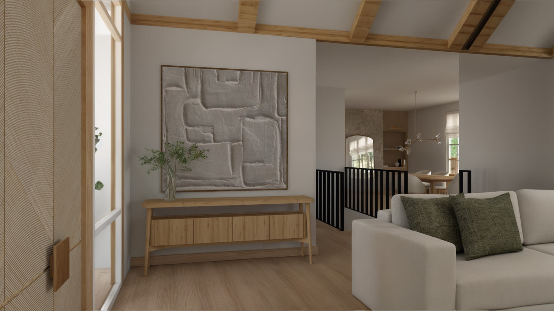 the-tuthill-project-10 Large textured painting above an entry table with a vase