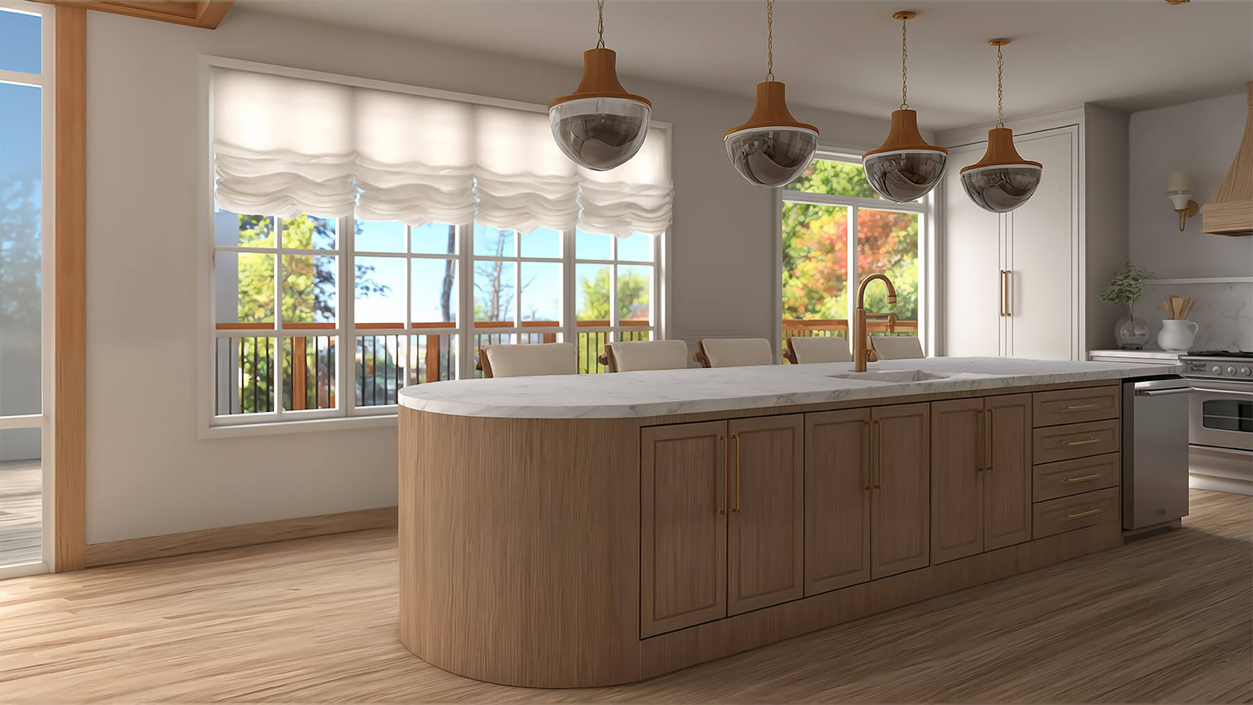 the-tuthill-project-13 Kitchen with an island and white bar chairs and large windows