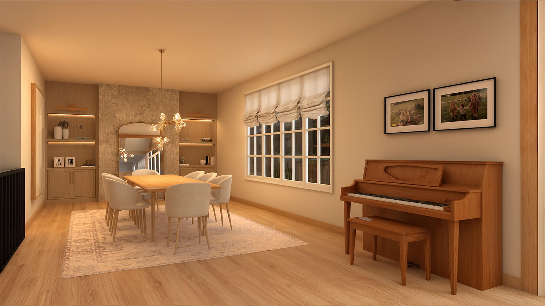the-tuthill-project-2 Earth toned dining room interior design with piano