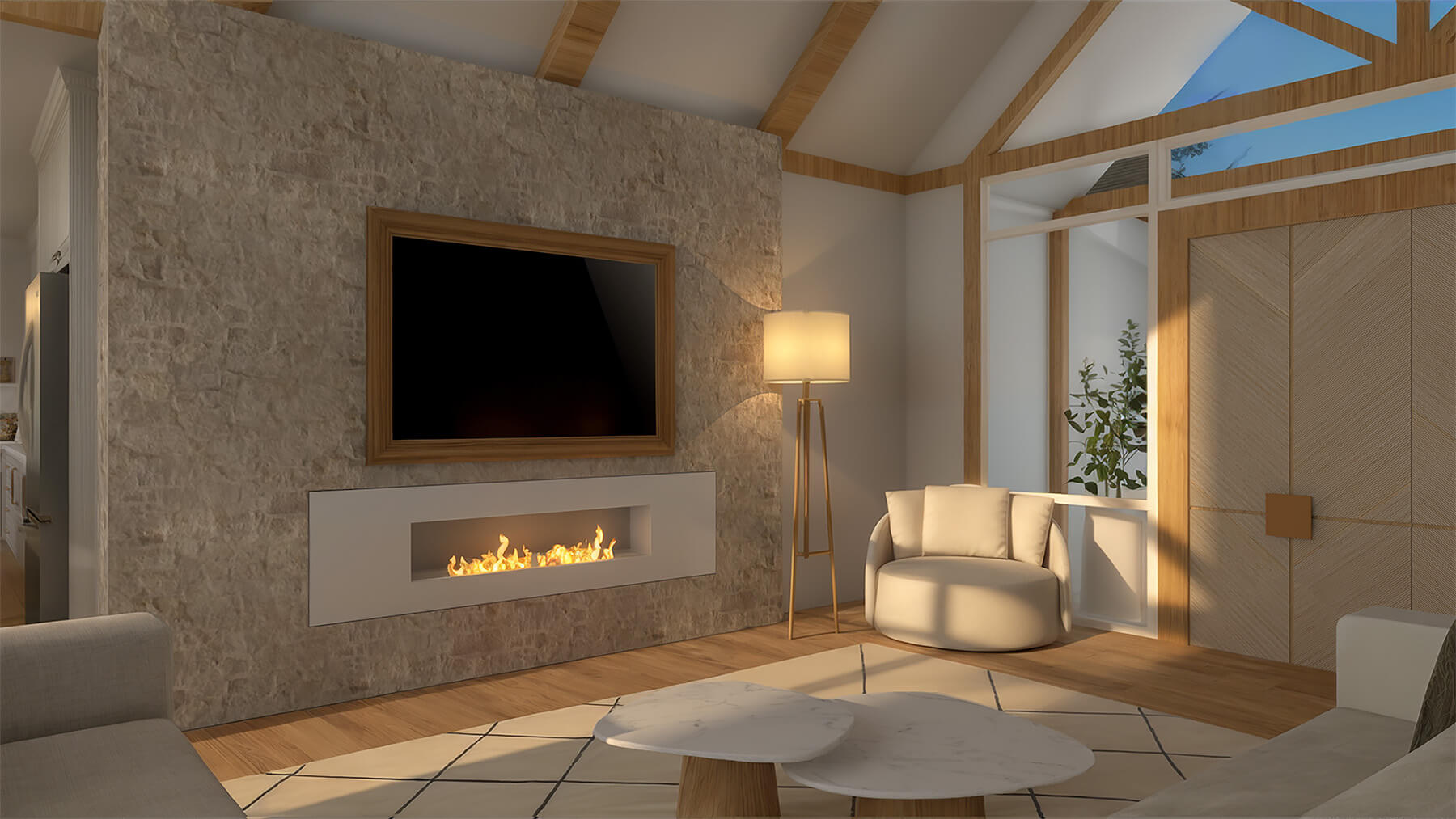 the-tuthill-project-4 Living Area facing a brick wall with a fireplace and tv in a frame