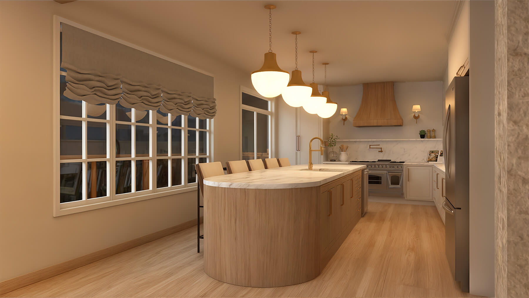 the-tuthill-project-5 Kitchen Island with four hanging bulb lights